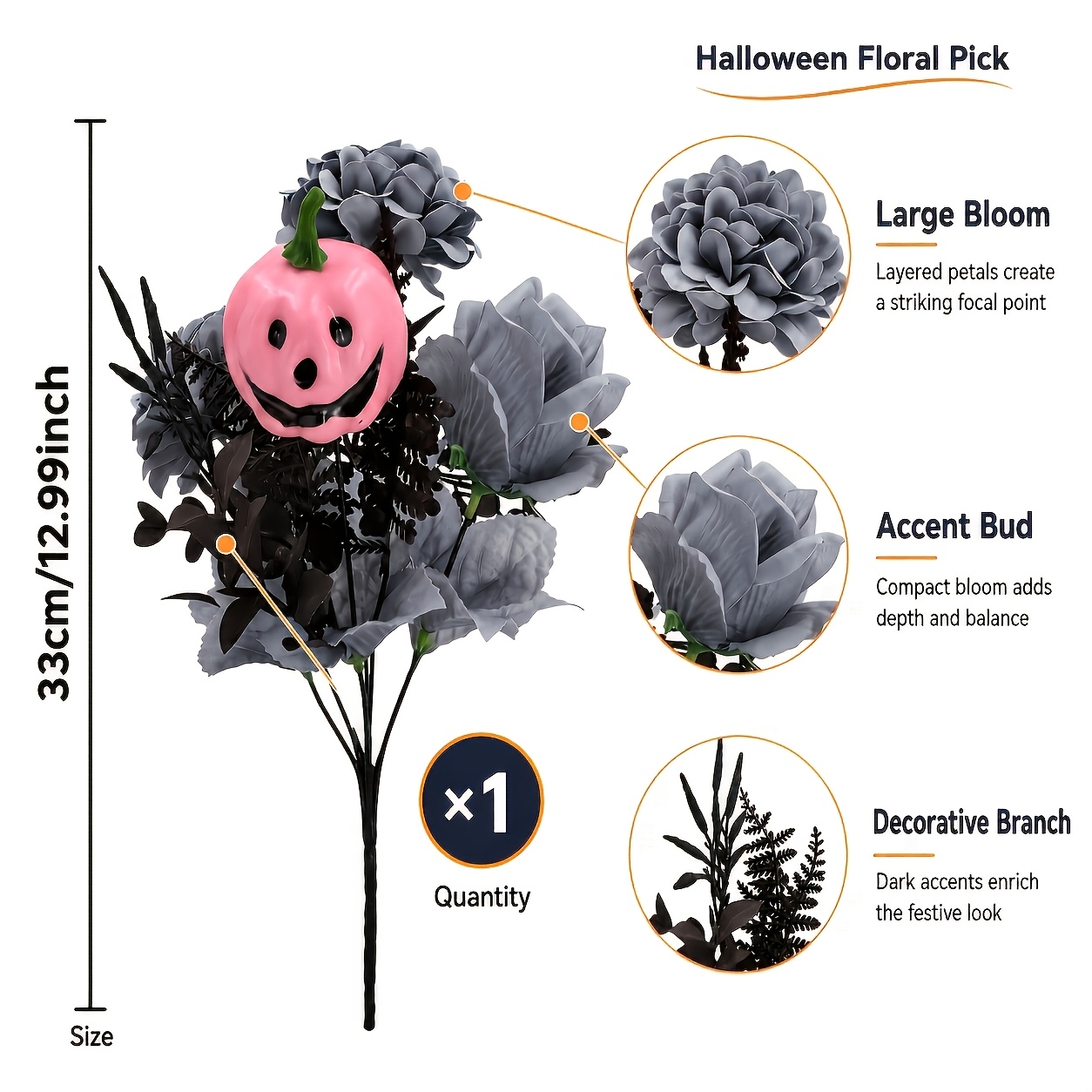 TEMU 1pc Halloween Artificial Flower Bouquet, Gray-black Roses With Pink Happy Face Pumpkin Decoration, Sweet-cool Dark Gothic Style. Suitable For