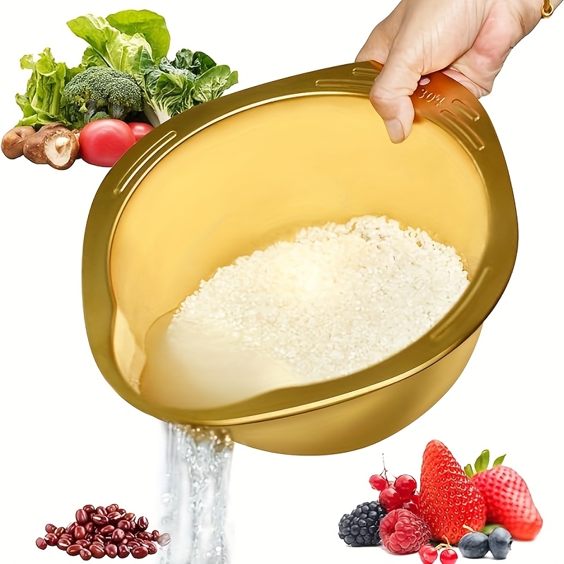 TEMU 1pc Golden Rice Washer Strainer Bowl, Kitchen Utility, Stainless Steel Washing Bowl With Side Drainers Colander Strainer For Washing Quinoa