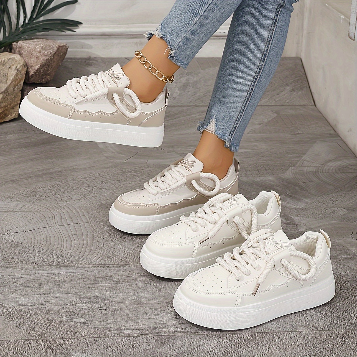 

Women's Solid Color Casual Sneakers, Lace Up Platform Soft Sole Walking Skate Shoes, Breathable Low-top Comfort Shoes