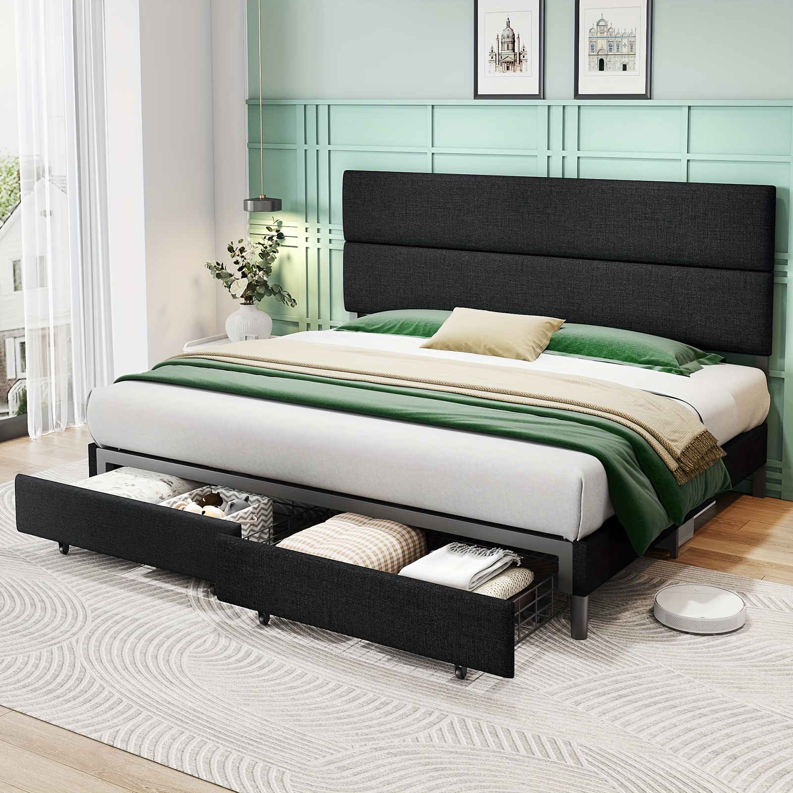 

King Size 47.6" Linen Upholstered Bed Frame With Height Adjustable Headboard & 2 Drawers, Black