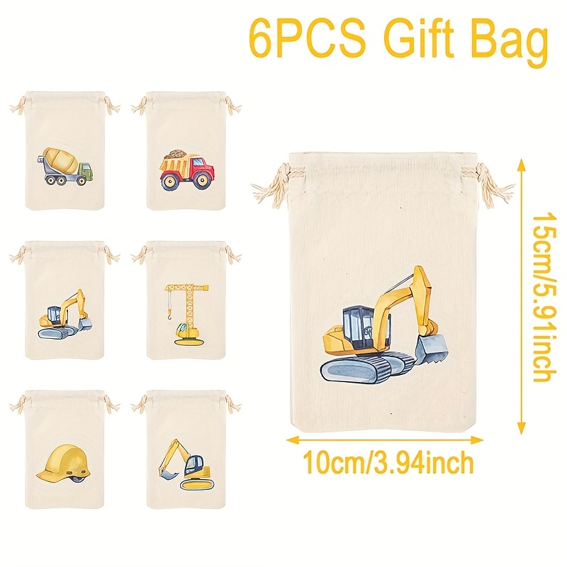 6pcs, Engineering Vehicles Drawstring Gift Bag, 3.94*5.91inch, Engineering Vehicles Gift Bag, Birthday Gift Packaging Bag, Birthday Party Favor Decoration, For Birthday, Baby Shower