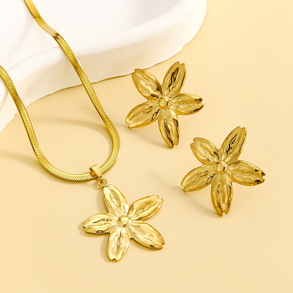 3pcs Flower, Star, and Geometric Stud Earrings and Necklace Set