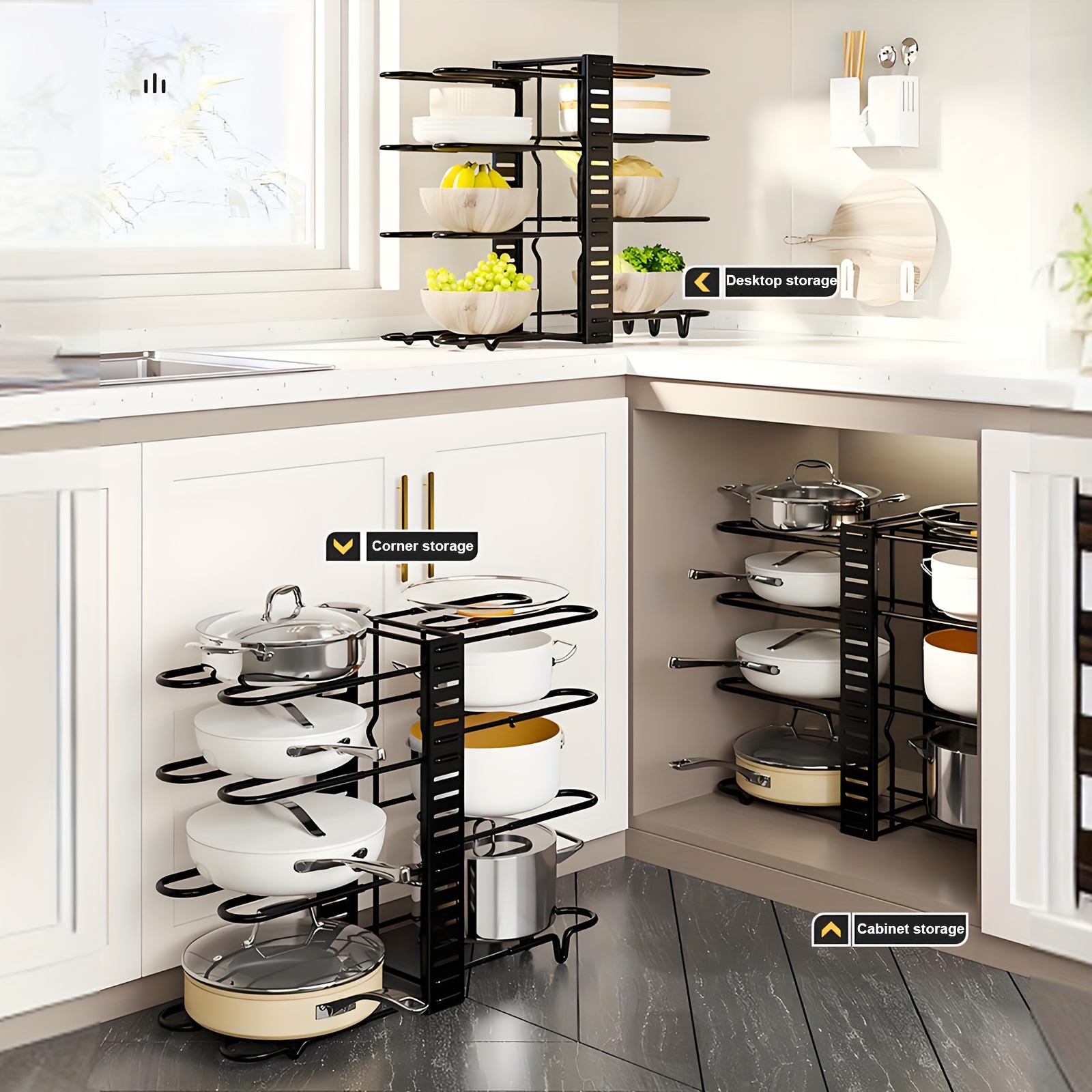 

Versatile 8-tier Metal Pot Lid Organizer - Detachable & Foldable, Multi-functional Kitchen And Bathroom Storage Rack, Black