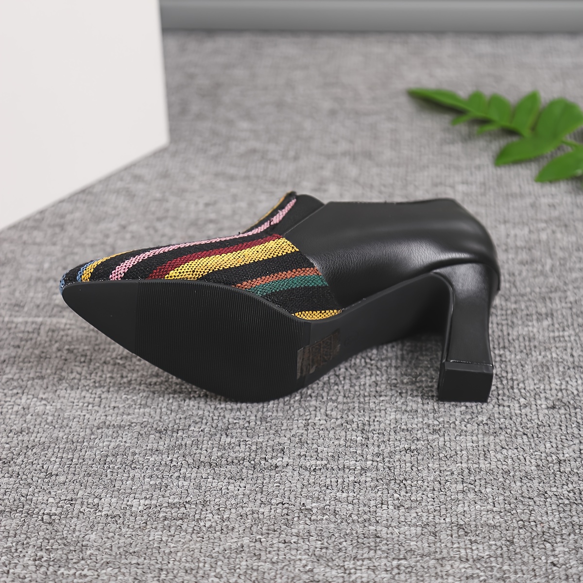 Women's Retro Chunky High Heel Mary Jane Shoes - Pointed Toe with Multicolor Striped (Rainbow/Black) Faux Cover Upper, Comfortable Block Heel & TPU Sole, All-Season Versatile Dress Shoes for Casual & Formal Events