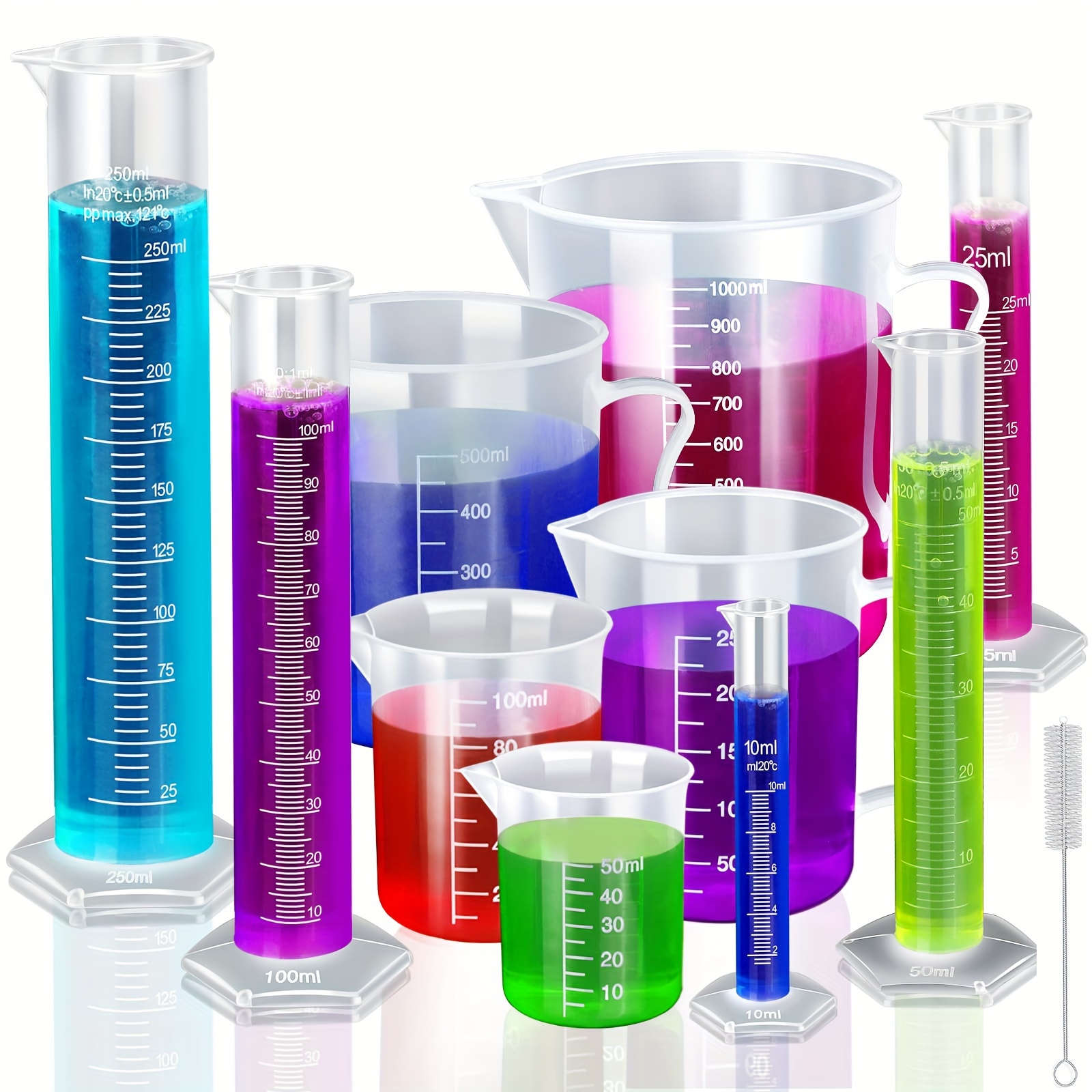 

Plastic Set - 11 Piece Graduated Cylinders And Beakers With Bonus Long-handle Brush, 5 Sizes Cylinders (10ml-250ml) And 5 Sizes Beakers (50ml-1000ml), Measuring Lab Equipment, Transparent