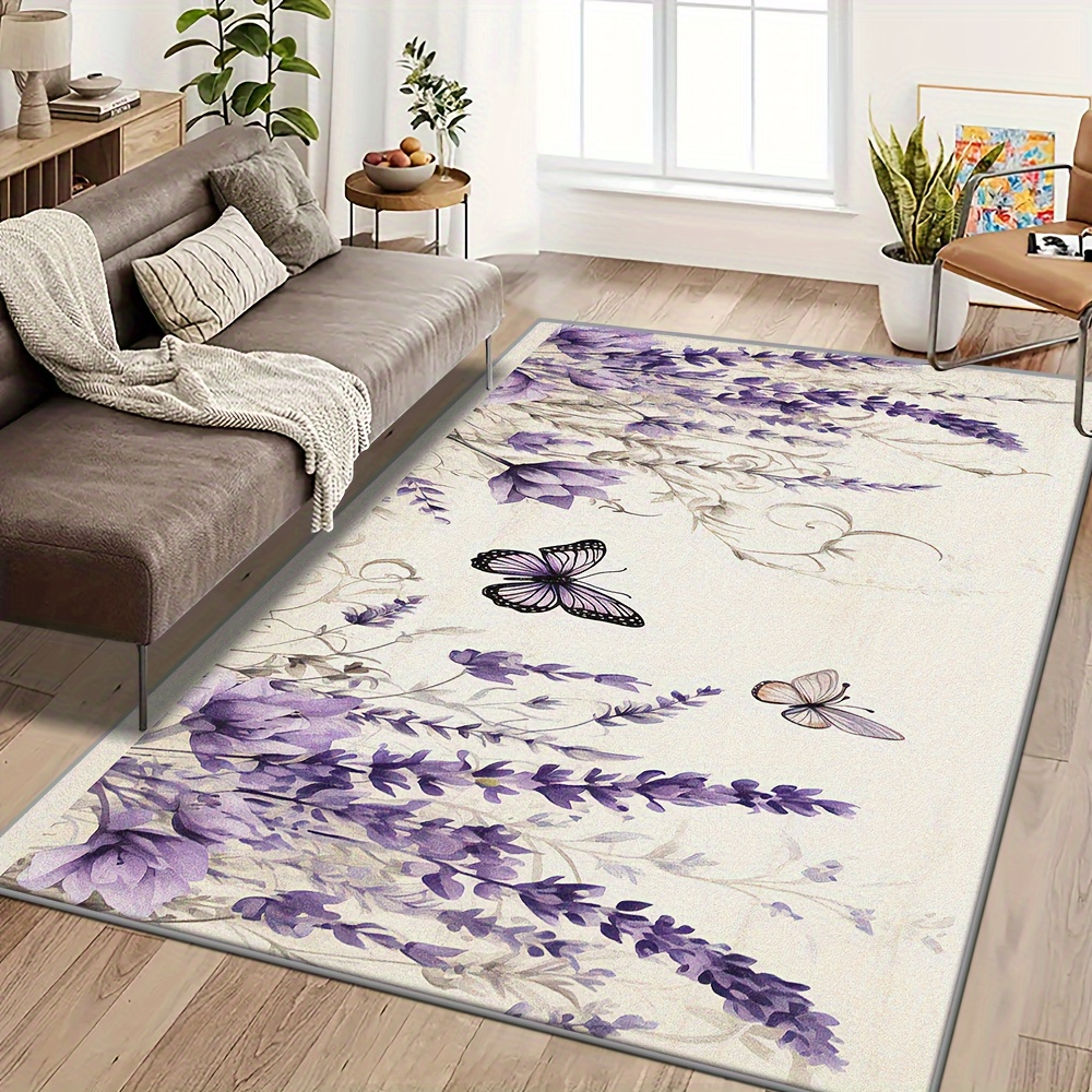 

Luxurious Faux Cashmere Area Rug - Purple Floral & Butterfly Design, Soft & Comfortable, Easy-clean, Non-slip, Perfect For Bedroom, Living Room, And Outdoor Decor