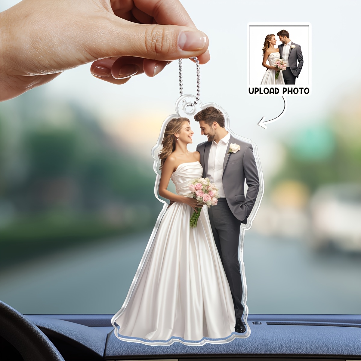 TEMU [2d Flat] [2d Flat] 1pc 2d Flat Custom Photo Couple Car Ornament - Personalized Acrylic Wedding Anniversary Gift, Husband And Wife Present, Your