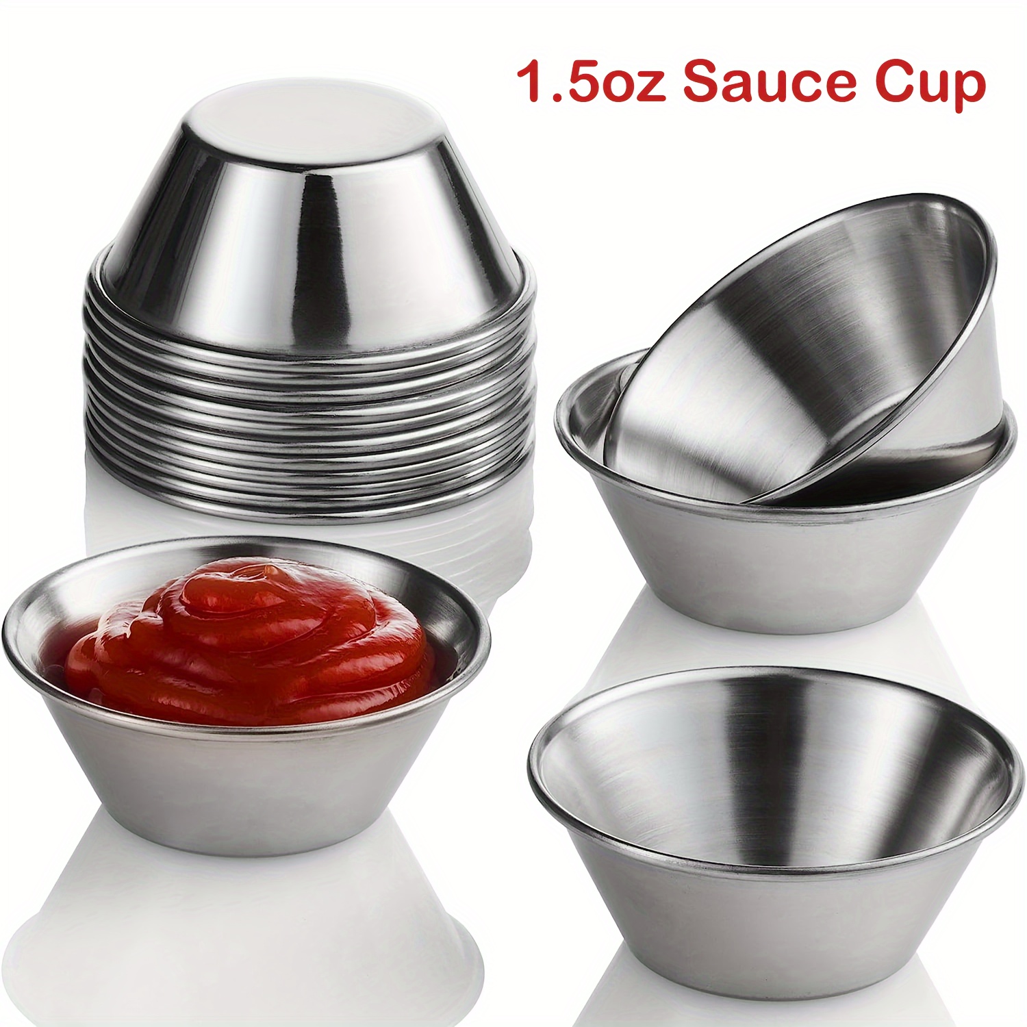 

3/5/15pcs, Steel Dipping , 1.5oz Reusable Metal Ramekins, Condiment Bowls, Dressing Container, Small Round Cup For /restaurant/ / , Christmas/halloween