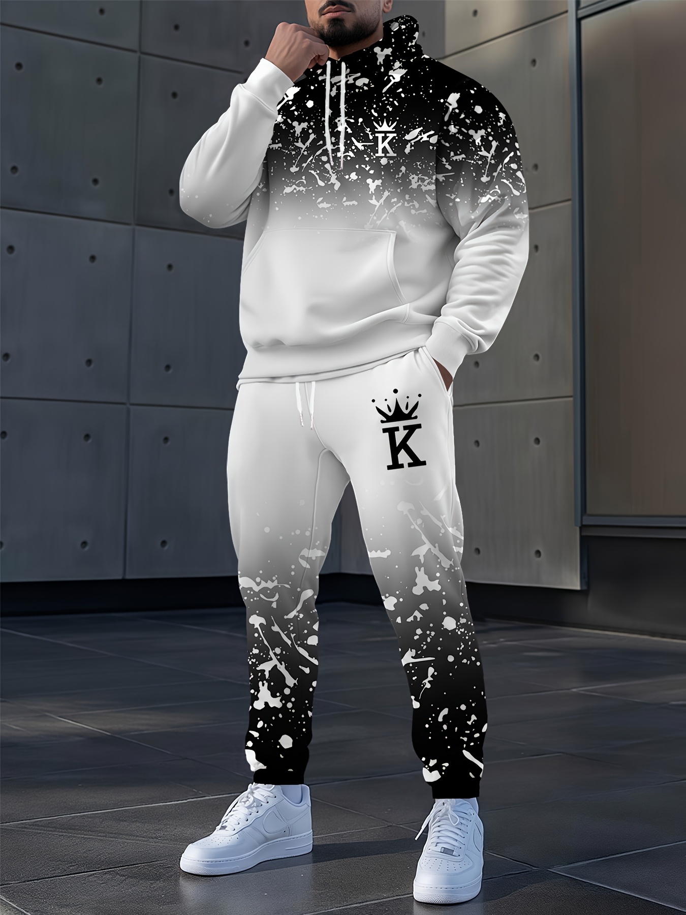 2pcs mens winter hooded sweatsuit set oversized white green Temu