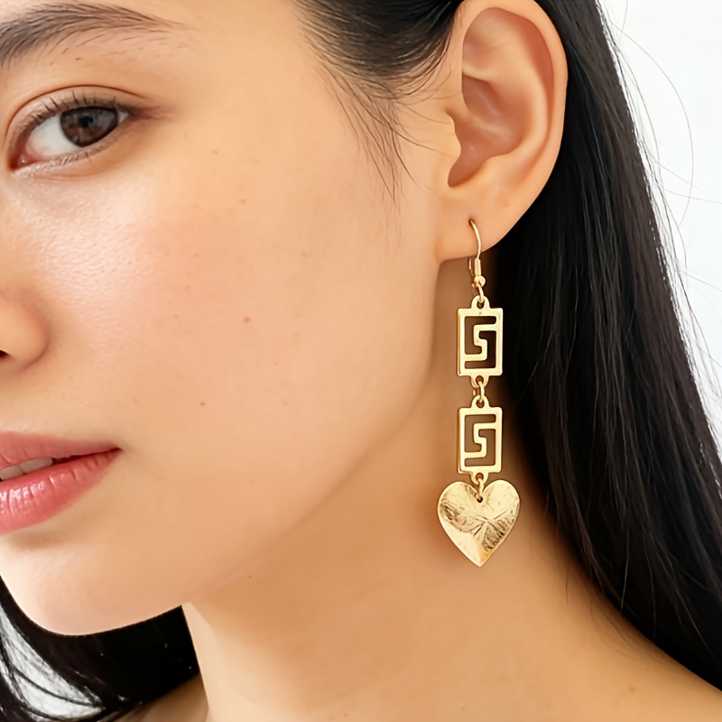 Women's Vintage Heart Earrings with Geometric Patchwork