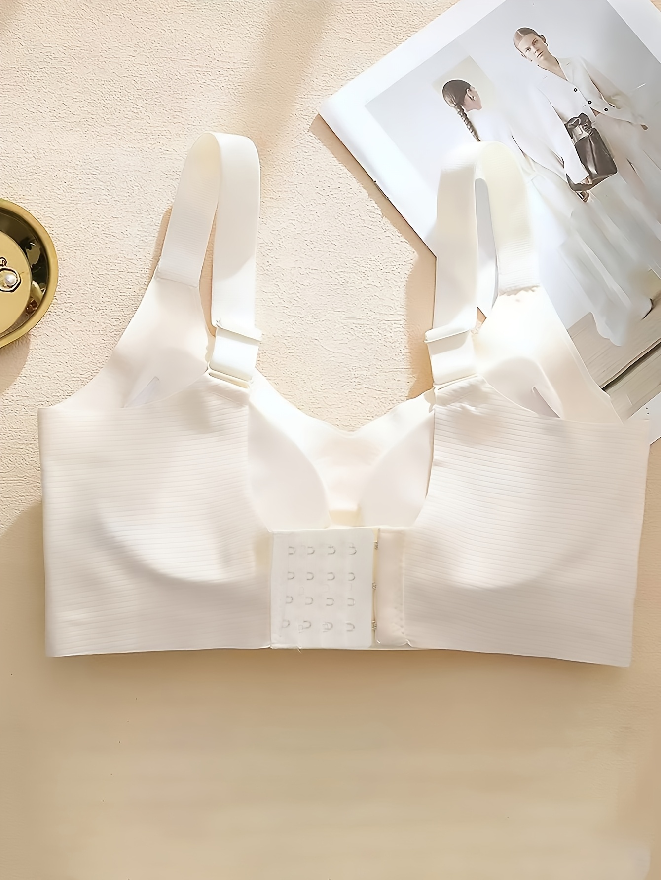 Seamless Full Coverage Bra for Women - Beige, No Underwire, Anti-Sagging, Removable Pads, Ribbed Texture, Comfort Fit, Retro Style, Hand Wash Only