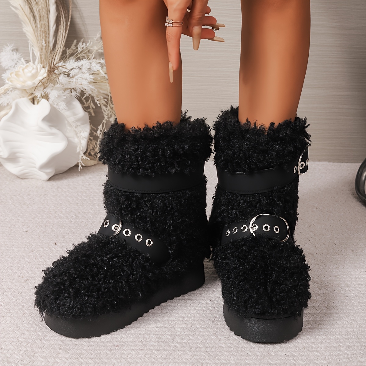 TEMU Women' Cozy Plush Teddy Winter Snow Boots With Thick Sole & Sole Suitable For Snow, Ice, Casual Wear, Warm Booties For Weather, Round Toe