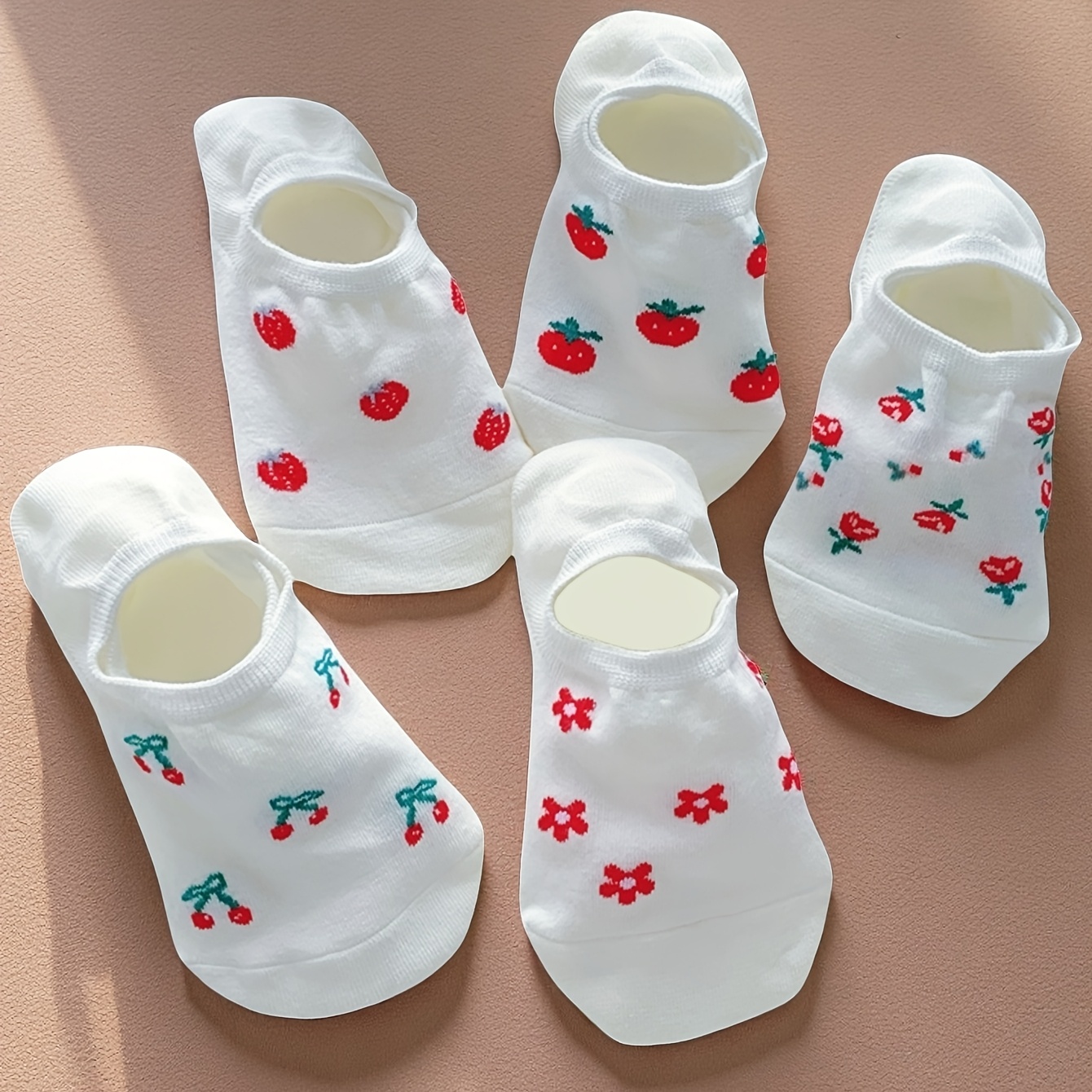 E-shop 3/5 Paar zufällige niedliche Damen-Unsichtbarkeits-Socken, Erdbeer-Kirsch-Blumendruck, unsichtbare Liner-Socken, atmungsaktive Low-Cut-Socken,