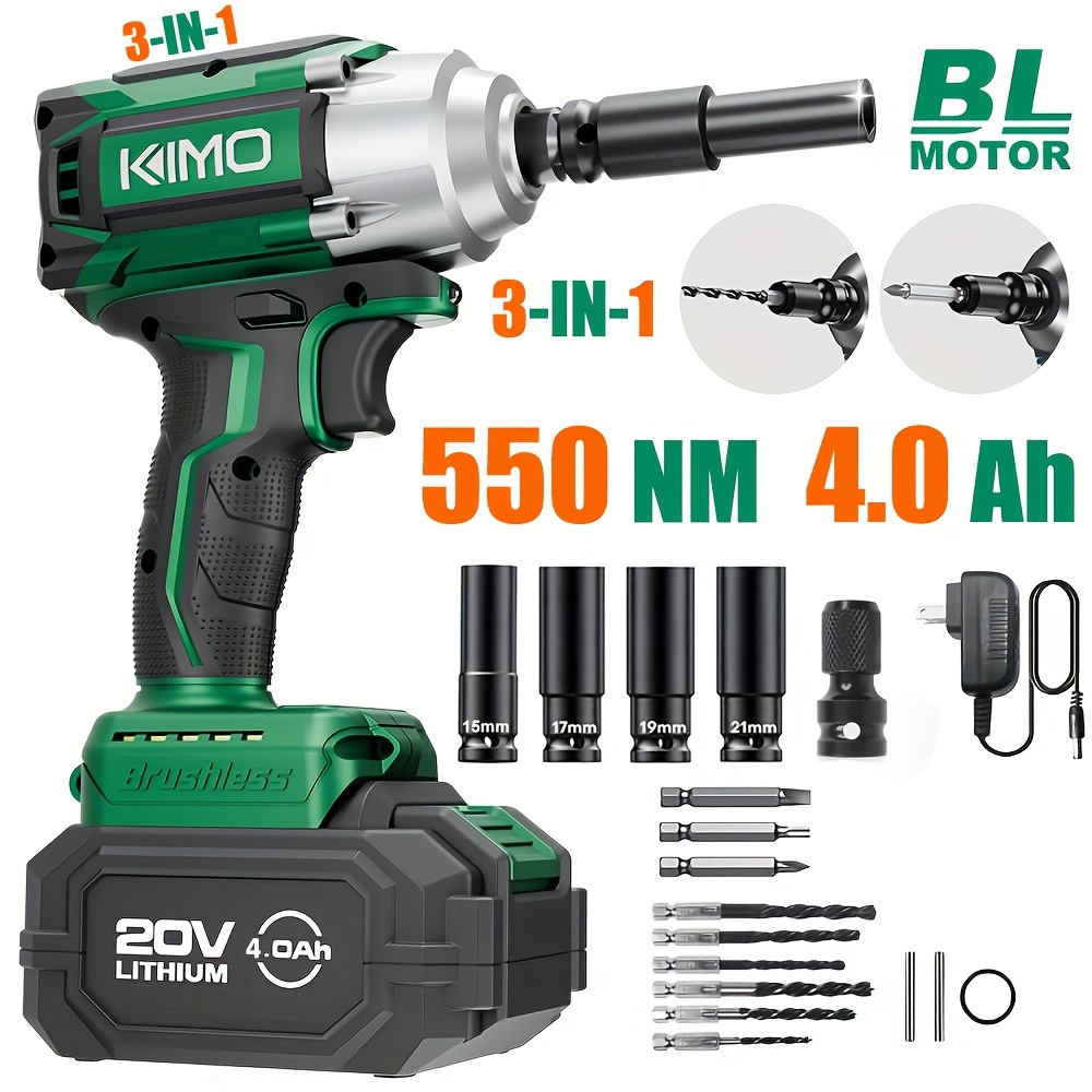 

Kimo Cordless Impact Wrench, 3000 Rpm & 350 Ft-lbs (475n.m), 1/2 Impact , Impact Sockets, 3 Inch Extension Bar, 1 Hour Fast Charger, 1/2 Impact Driver