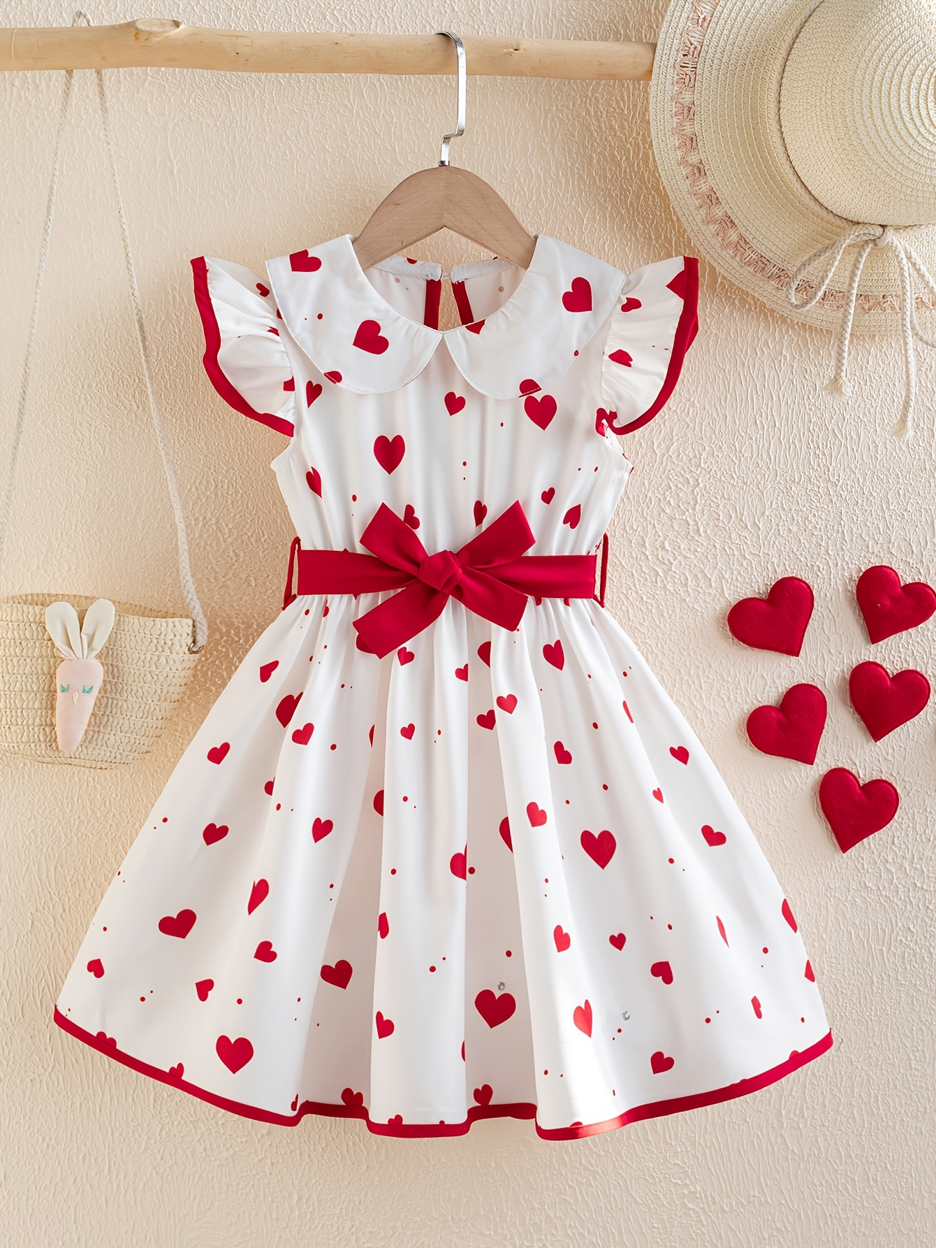 girls spring summer valentines day new style sweet cute red small heart print puff sleeve cinched waist tie back open back lace up single button design casual dress suitable for   year old girls gift