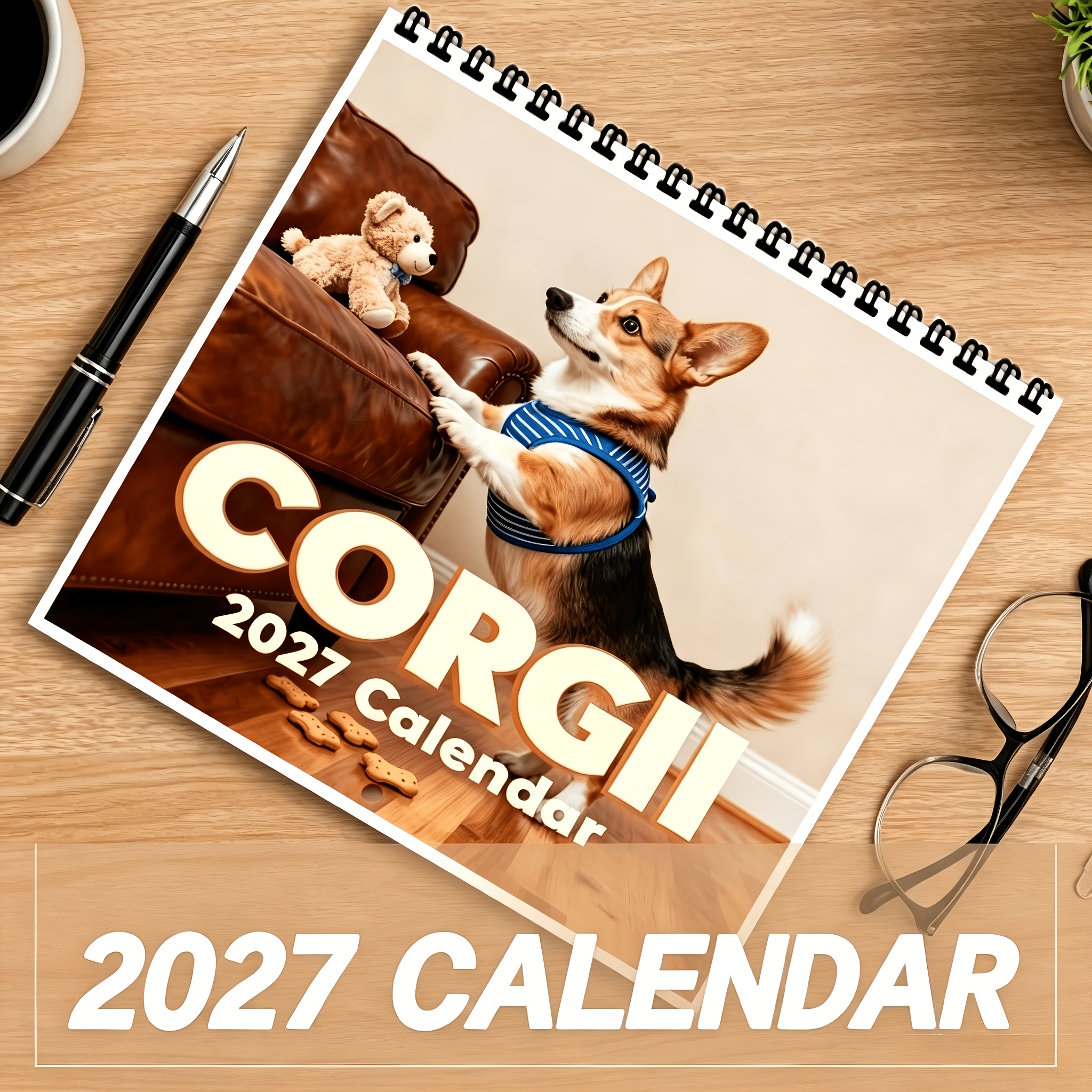 TEMU 1pc 8.2inch X 8.2inch , 12-month Thick Coated Paper Spiral-bound Double-sided Printing, Cute Corgi Design, For Holiday And Annual Planning,