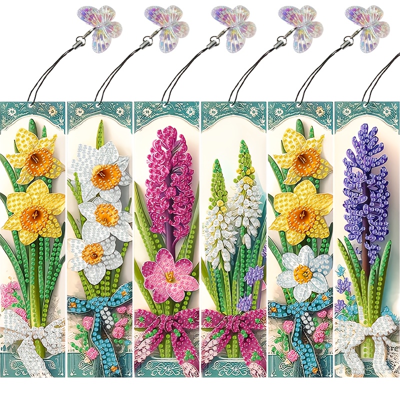 Image of 6pcs Diamond Painting Bookmark Beginner Set, Featuring Beautiful Flowers, Made Of Pet Material For A Sparkling Mosaic Effect, Double-sided Design, Perfect As A Gift For And A Companion For Reading