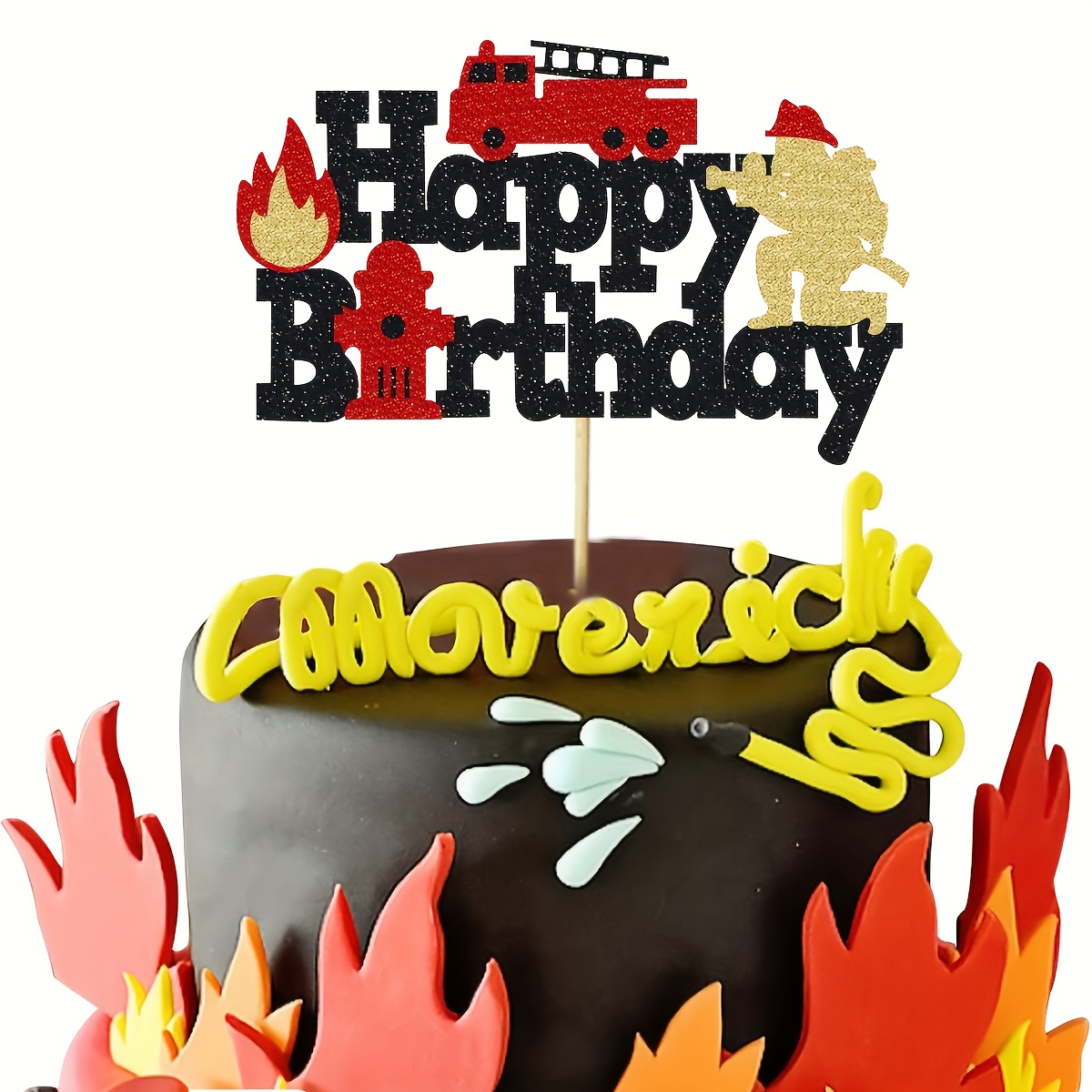 1pc Cake Decoration For Firefighters Featuring A Fire Hydrant, Truck, Helmet, And Engine Design, Complete With A Happy Birthday Message For A Fire-themed Party