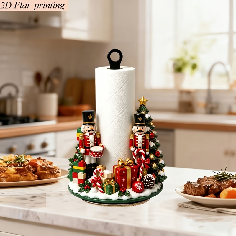 TEMU 2d Flat Printing 1pc Kitchen Paper Rack - Christmas Style Nutcracker And Christmas Tree Acrylic Vertical Paper Towel Holder, Creative Desktop