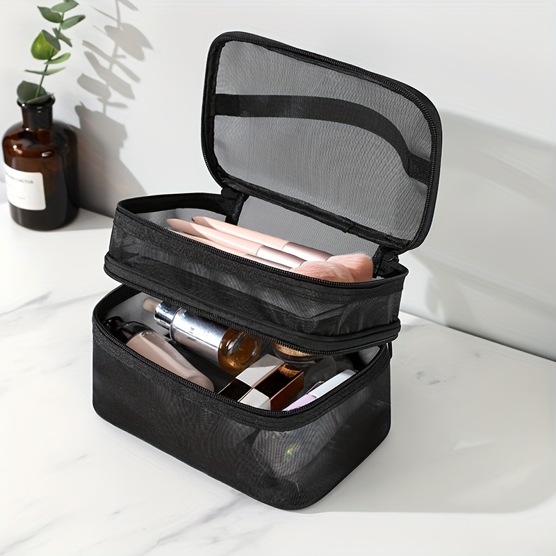 E-shop 2-lagige Mesh-Makeup-Tasche, Transparente Handtasche, Reisetasche mit Fächern, Neue Aufbewahrungstasche, Waschtasche, Einfache Hochwertige
