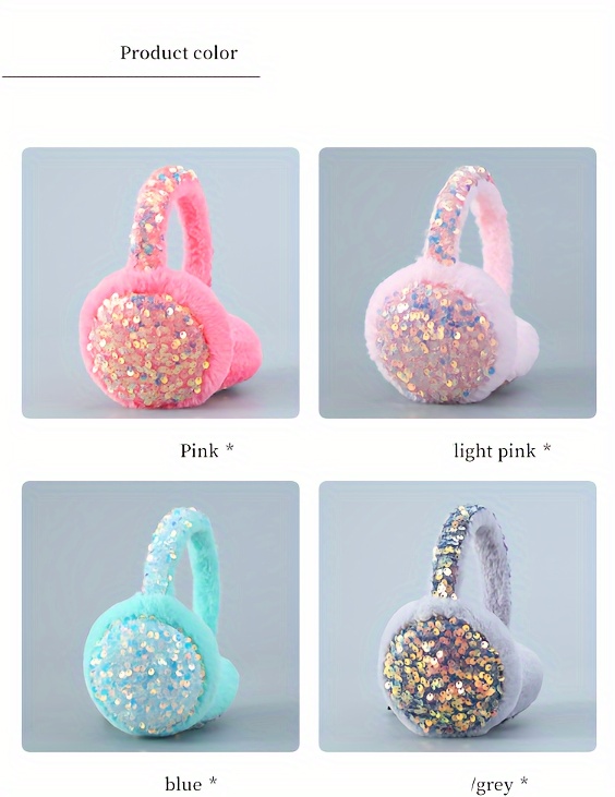 Sequin Decorated Warm Earmuffs, Cute Plush Cartoon Ear Covers For Winter, Plush Ear Cover details 3