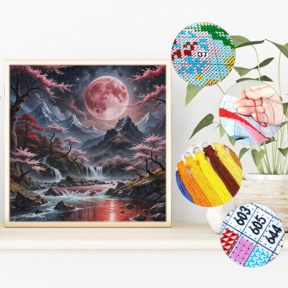 TEMU 1 Set Red Moon Cherry Cross- Kit With Full Tools & Pre-printed 11ct Fabric Suitable For Adult Beginners, -themed Diy Embroidery Craft, Relaxing