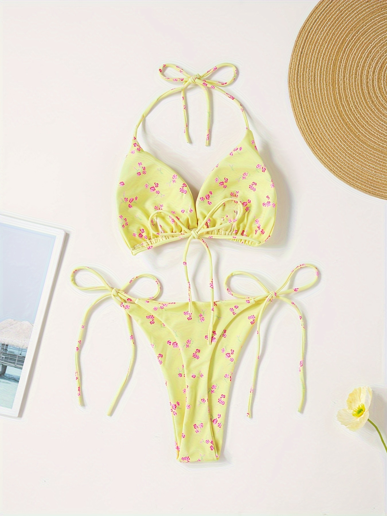 Floral Print V-Neck Bikini Set for Women, Polyester and Elastane Blend, High Stretch, Knit Fabric, with Bow Detail, for Sexy Lingerie Style Swimwear