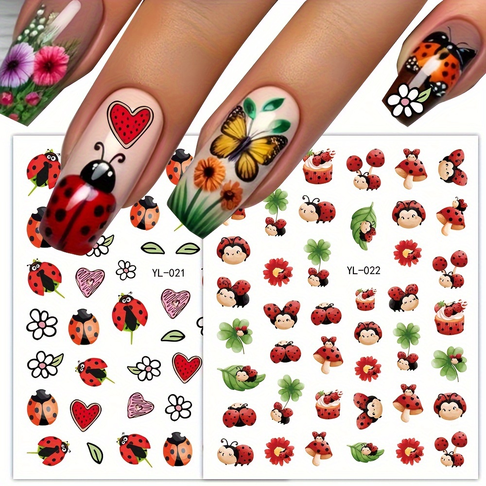 

2 Sheet 5d Embossed Spring Flower Design Nail Art Stickers, Cute Red Ladybug And Heart Design Nail Art Decals For Nail Art Decoration,self Adhesive Nail Art Supplies For Women And Girls