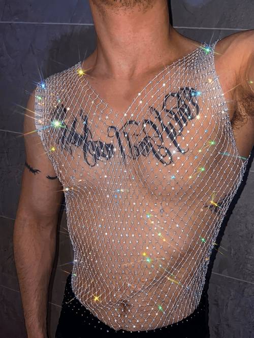 visnetvest met v-hals voor heren, gemaakt van rekbaar visnetmateriaal met sprankelende strass-inleg, perfect voor barfeesten, cluboutfits, muziekfestivalkleding voor heren, carnavalskostuums, clubkleding en feestoutfits