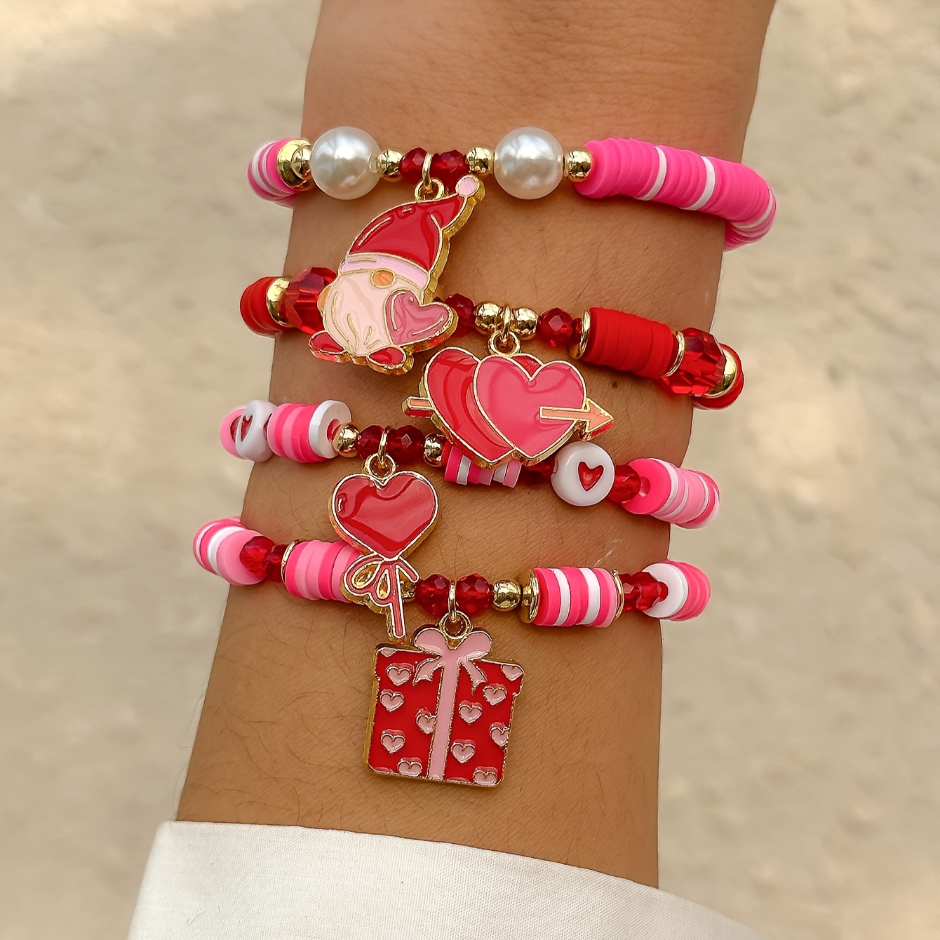 

4pcs Valentine's Day Polymer Bracelet Set, Pink & Acrylic Letter Beads, Elegant , Jewelry For All