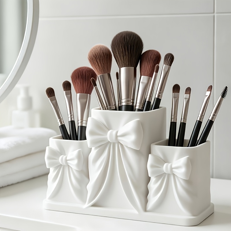 TEMU Creamy White Bow-shaped Cosmetic Storage Box With -dimensional Embossed , Suitable For Makeup Brushes, Lipsticks, And Eyebrow Pencils, A Holiday
