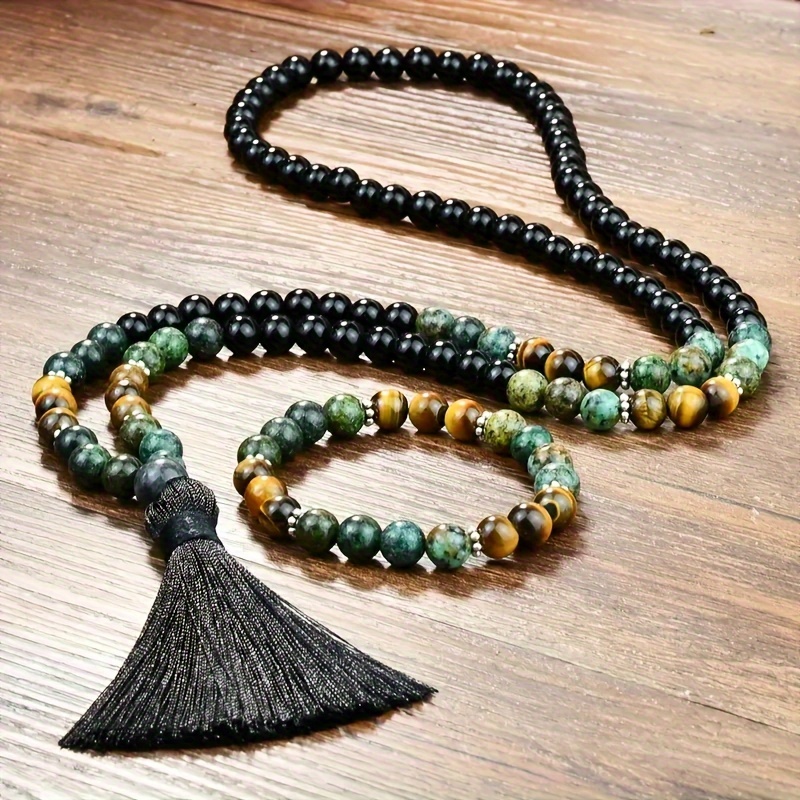 

2pcs African Pine Bracelet And 108 Bead Middle Eastern Prayer Beads Long Necklace, Unisex, Elegant, Random Shade Variation, With Tassel, 31.5-33.5 Inch Perimeter