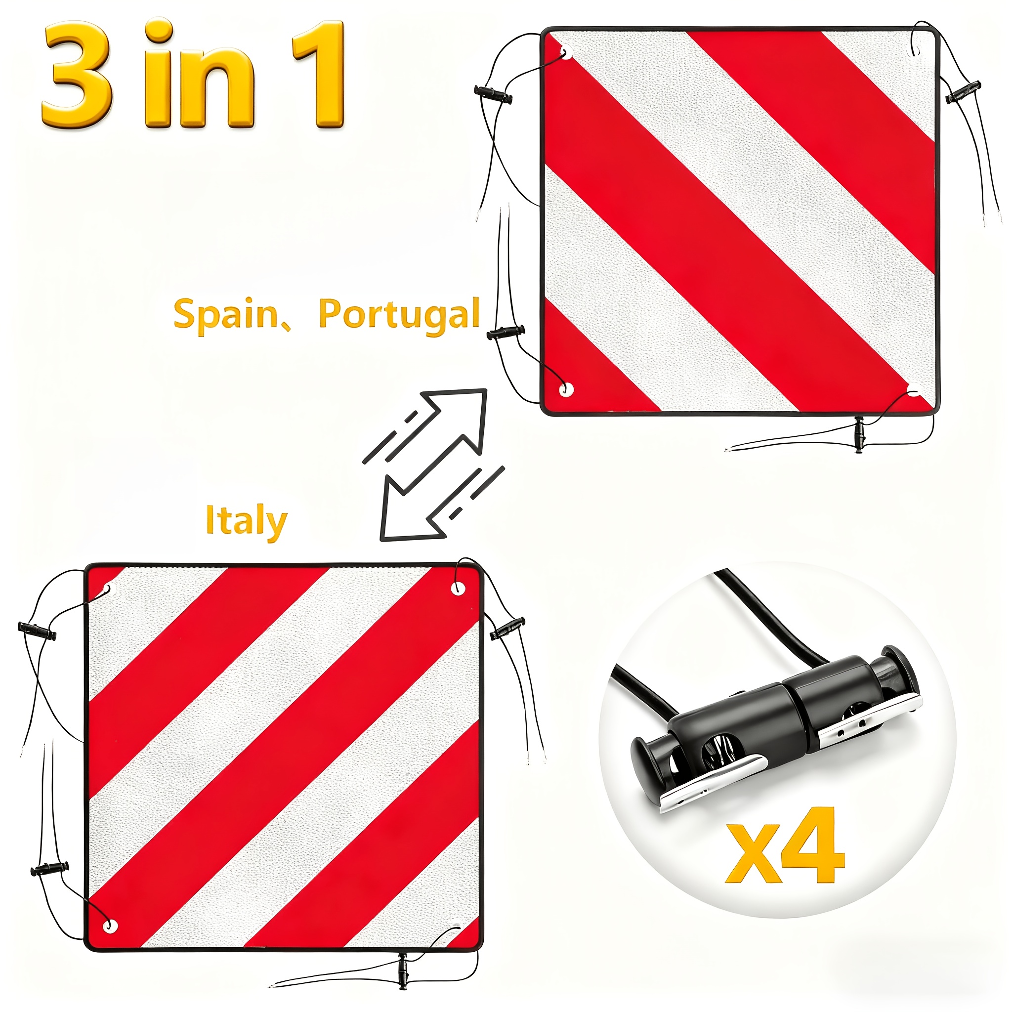 E-shop 3-in-1 Warnschild für Italien, Spanien und Portugal - Reflektierendes Warnschild inklusive 4 x Befestigungsriemen und Schutzhülle - Hochwertiges