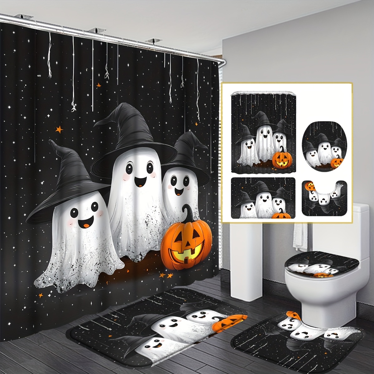TEMU 4pcs Halloween Themed Shower Curtain Set, , Pumpkin And Flower Patterns Shower Curtain Bathroom Sets Full Set, Including 12 Hooks, Non-slip Bath
