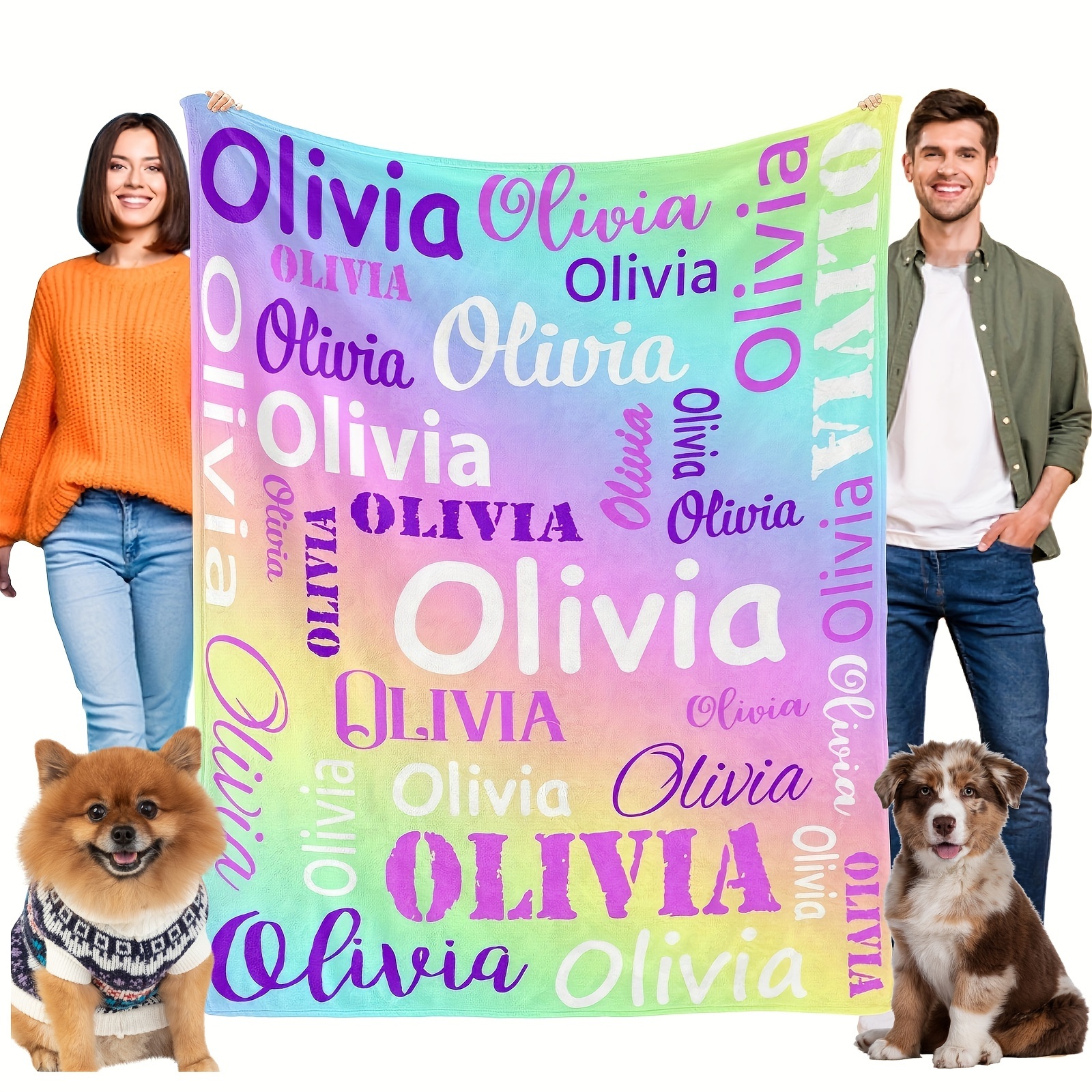 

1pc Rainbow Color Personalized Pet Flannel Blanket, Soft Dog Throw Blanket With Name, Custom Pet Dog Blanket, Machine Washable Dog Cushion Mat Sleeping Blanket For Bed Cage Couch