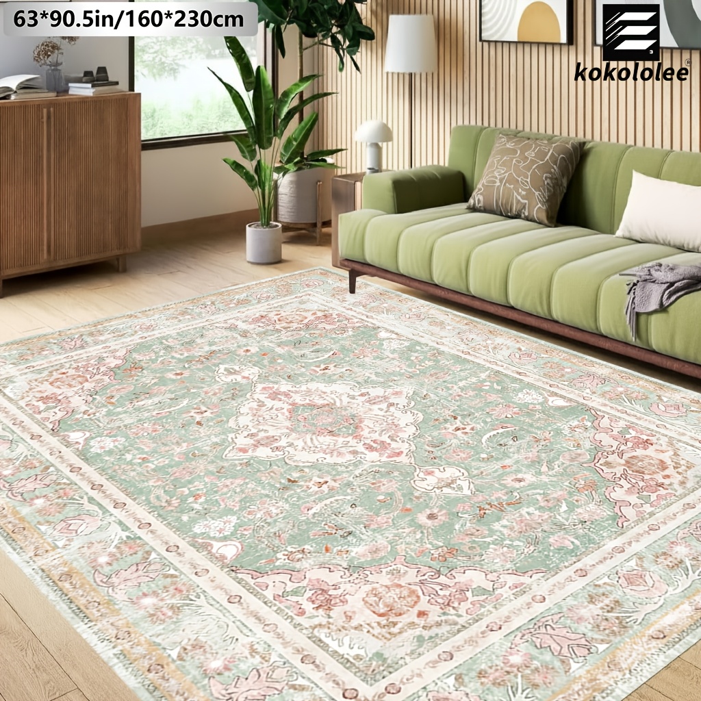 TEMU Velvet 1pc Kokololee Luxury Velvet Area Carpet - French Country Pastel Green Pink Floral Carpet, Non-slip Backing, Machine Washable, 100%