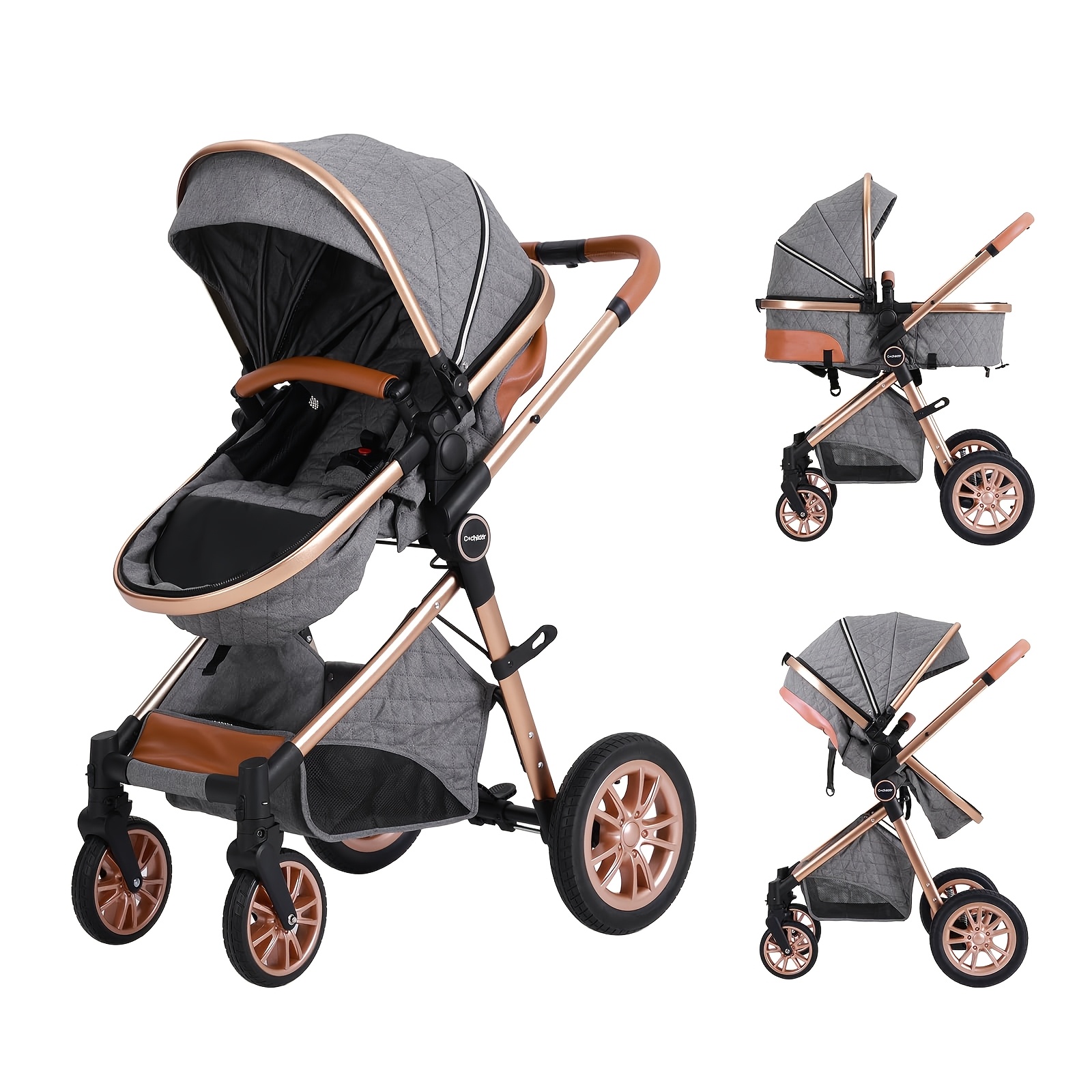 Image of Cochildor Travel Set Pushchair, Full-size Foldable Pushchair With Adjustable Seat, Extra-large Storage Basket And One-handed Folding Function (black/grey/blue/pink/khaki)