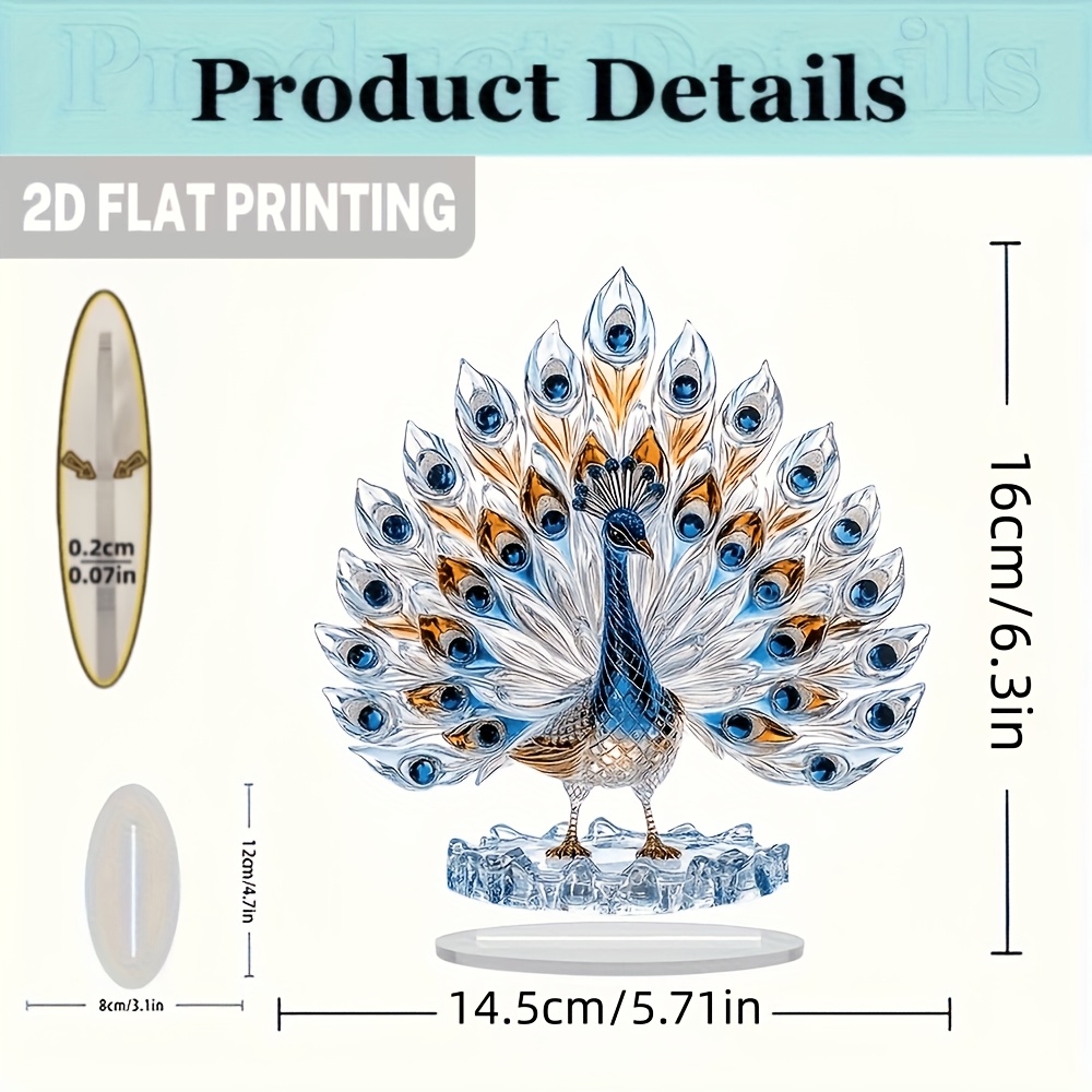 TEMU 2d Flat, 1pc Bohemian Style Peacock Ornament, Acrylic Sculpture, Universal, Home Decor, With Base, Glass-like Design, And White Feather Accents,