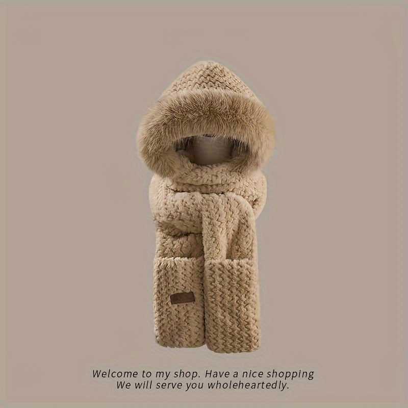 TEMU Knitted Hooded Scarf Fur Thick Coldproof Ear Neck Scarf Hat