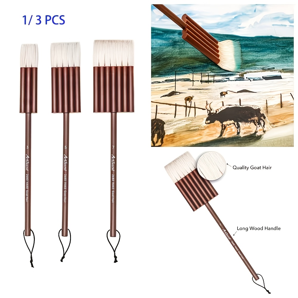 3pcs Hake Paint Brush Set, Soft Flat Goat Hair Brushes