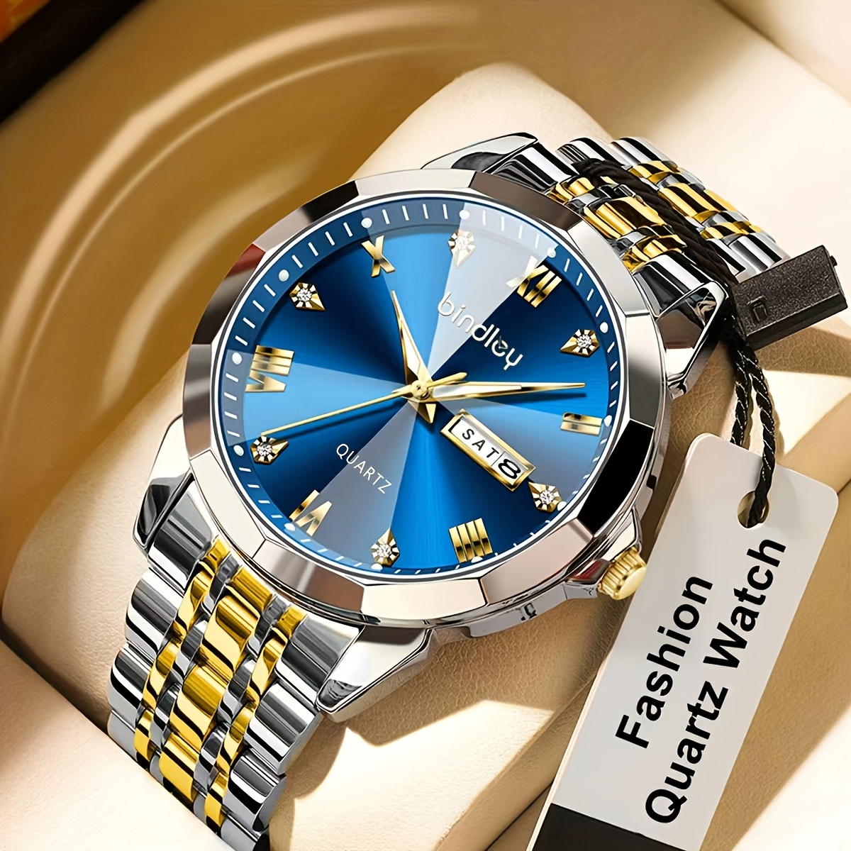 Image of New Stainless Steel Strap Men's Luxury Roman Face Quartz Watch With Rhinestone Accents, Luminous Waterproof Design, Calendar Feature, And Stylish Hexagonal Hands - Gift For Men, Formal
