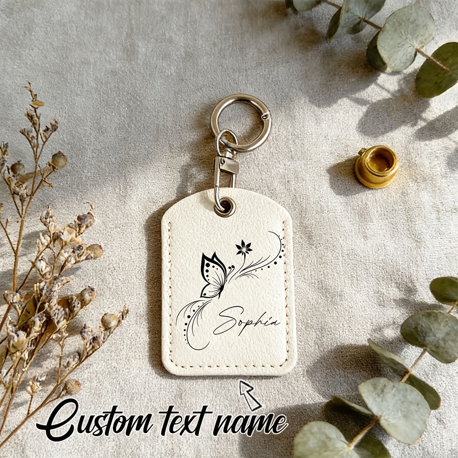 Custom Name Text Butterfly Keychain, Personalized Faux Leather Key Card Holder