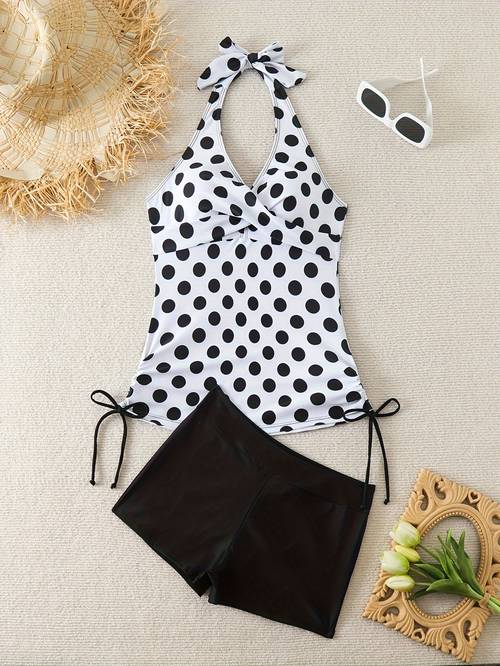 classic polka dot strap backless one piece swimsuit set ruched crossover center core shorts swimsuit womens swimwear kimono womens tankini set