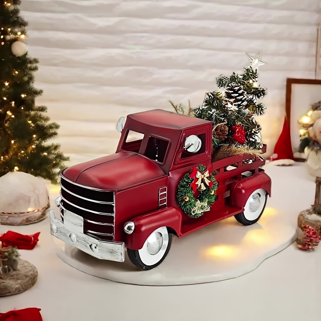 TEMU Truck Metal Statue - Farmhouse Style Holiday Decor For Home, Kitchen And Roof Rack, Battery-free Vintage Vehicle Ornaments, Tabletop Or Porch