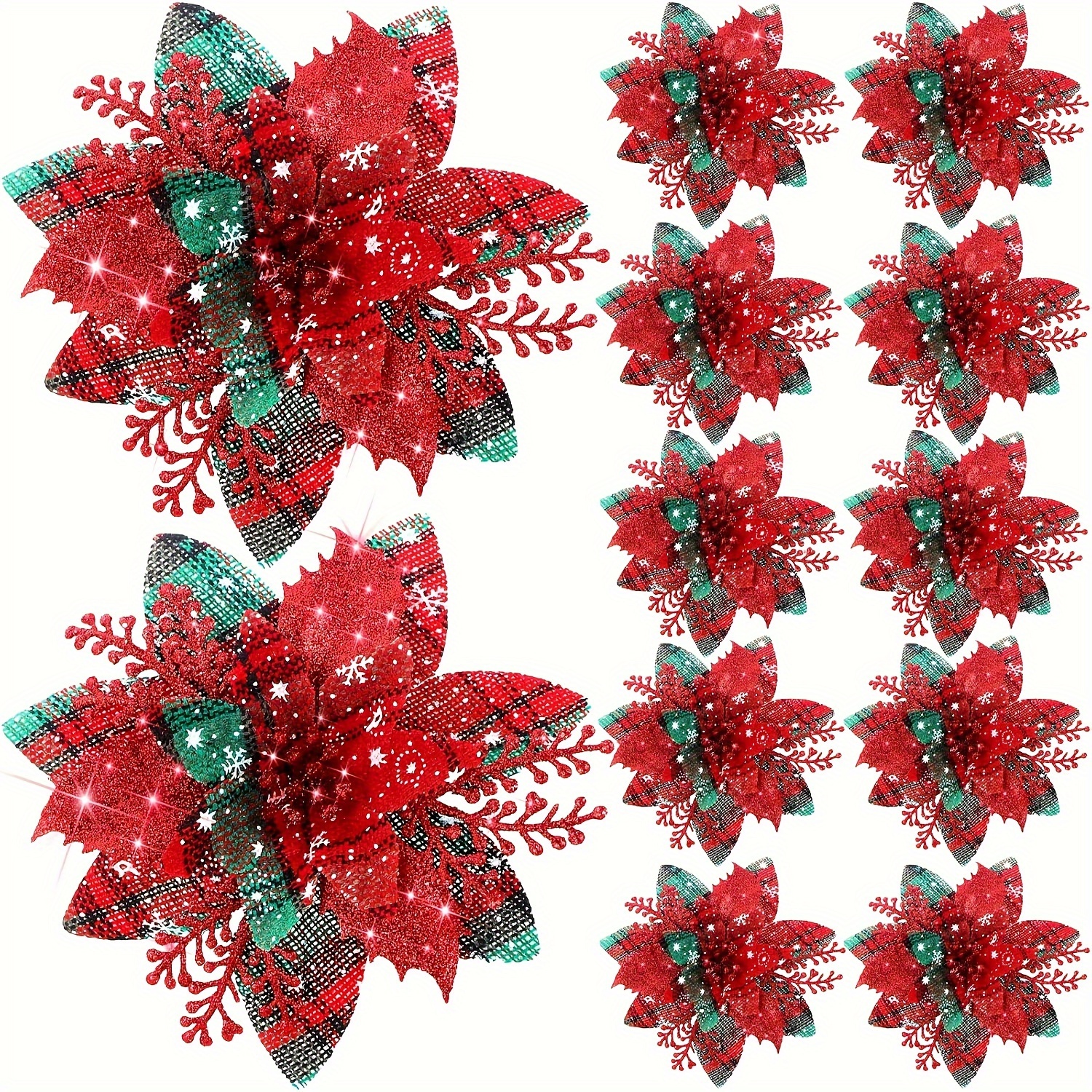 Image of Set Of 12 Artificial Christmas Flowers, Glittery Ornaments For The , Featuring Poinsettias For Decoration