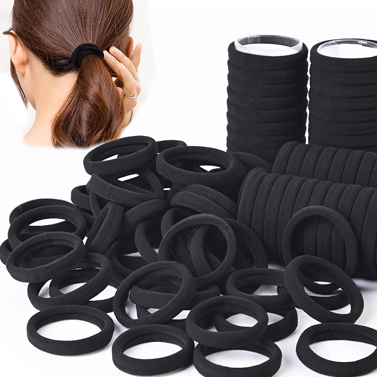 

50/100 Black Hair Ties - Soft Fuzzy Material, Cute & Simple Design, Suitable For Ages 14+, Each Tie, Solid Color Print