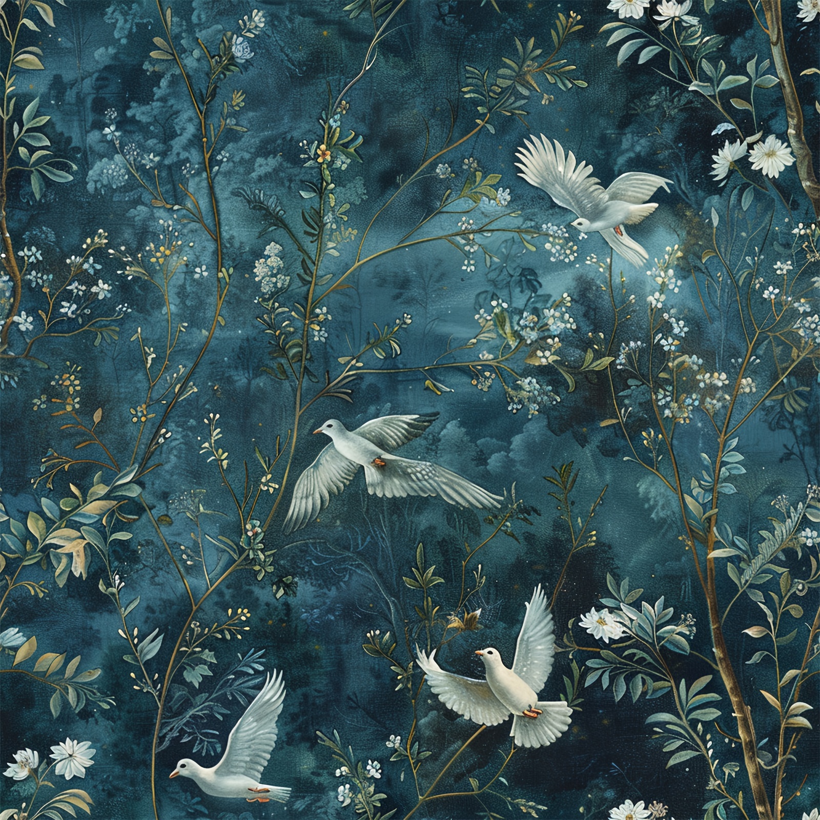 Image of 1roll Navy Wallpape, Vintage White Pigeons Floral & Bird Wallpaper, Self-adhesive Wallpaper, Peel And Stick Wallpaper, Suitable For Home Decor - Kitchen, Dining Room, Bedroom, Living Room, Furniture