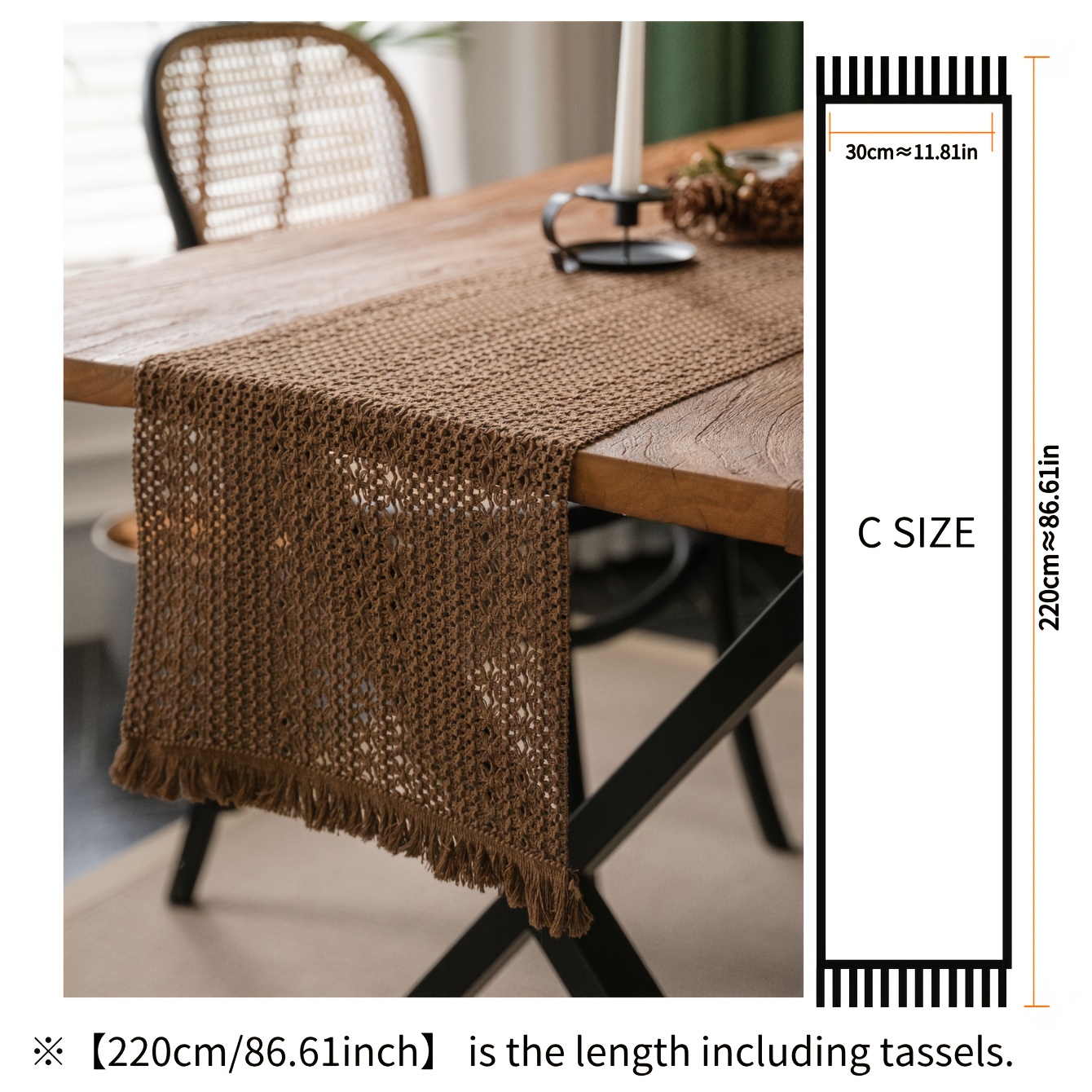 A White Solid- Openwork Table Runner With Tassels, A Rustic-style Dining Table Decorative Fabric Tablecloth In Dark Brown, Green, White, And Black