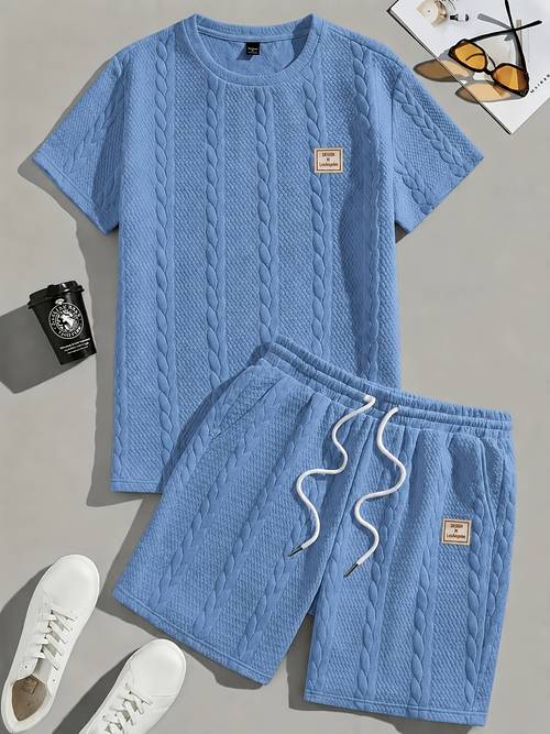 mens casual jacquard wheat stripe solid color summer set