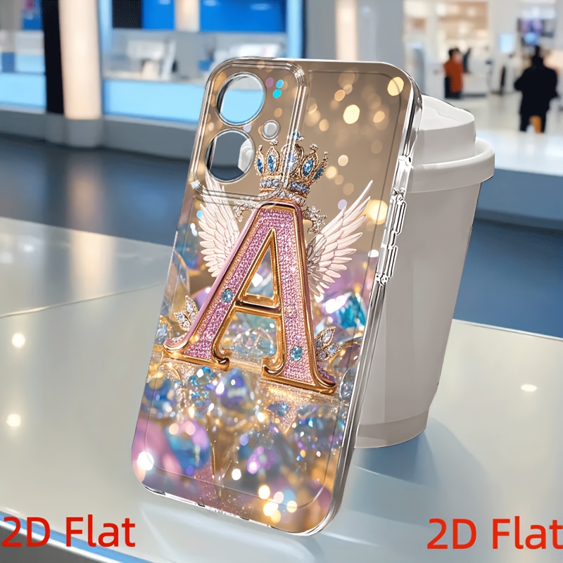 TEMU Phone Case - 2d Flat Luxurious Crown Wings Letter A Pink Phone Case, Compatible With Xiaomi Redmi Note 8/9/9s/10/11/12/12s/13/14/14 Pro+,